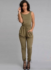 Women's Fashion Sleeveless Back Cross Backless Pockets Drawstring Jumpsuit