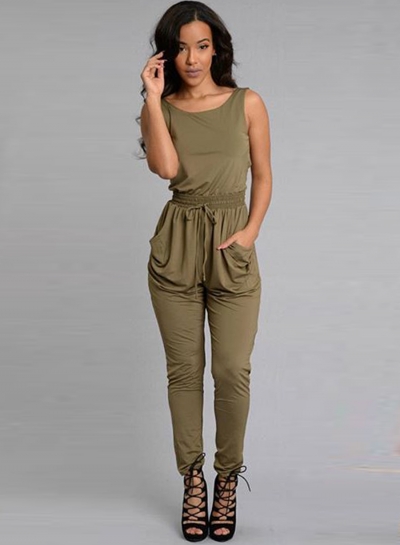 Women's Fashion Sleeveless Back Cross Backless Pockets Drawstring Jumpsuit YOYOTSHOP.com