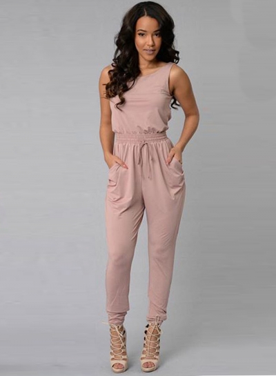 Women's Fashion Sleeveless Back Cross Backless Pockets Drawstring Jumpsuit YOYOTSHOP.com