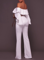 Women's Fashion off Shoulder Ruffle Flare Sleeve Wide-Leg Jumpsuit with Belt