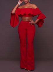 Women's Fashion off Shoulder Ruffle Flare Sleeve Wide-Leg Jumpsuit with Belt