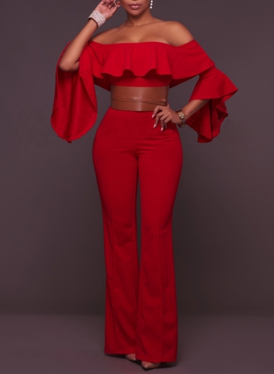 Women's Fashion off Shoulder Ruffle Flare Sleeve Wide-Leg Jumpsuit with Belt YOYOTSHOP.com