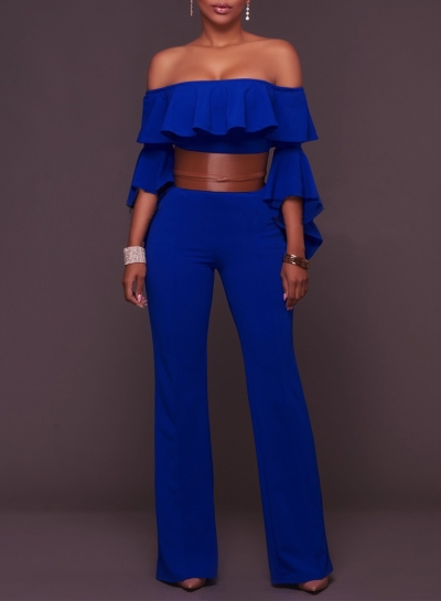 Women's Fashion off Shoulder Ruffle Flare Sleeve Wide-Leg Jumpsuit with Belt YOYOTSHOP.com