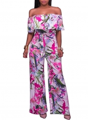 Women's Fashion off Shoulder Ruffle Floral Wide Leg Jumpsuit