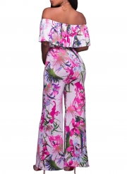 Women's Fashion off Shoulder Ruffle Floral Wide Leg Jumpsuit