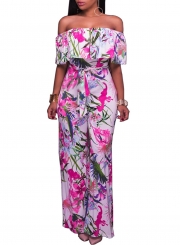 Women's Fashion off Shoulder Ruffle Floral Wide Leg Jumpsuit