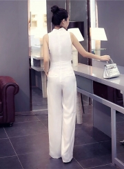 Women's Solid V Neck Sleeveless Tie Waist Wide Leg Jumpsuit