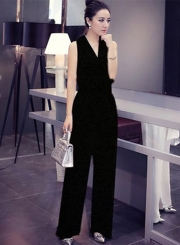 Women's Solid V Neck Sleeveless Tie Waist Wide Leg Jumpsuit