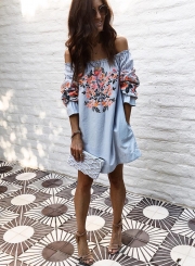 Women's Fashion Floral Prined off Shoulder Long Sleeve Mini Dress