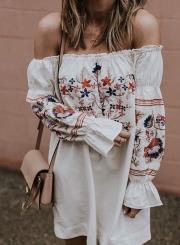 Women's Fashion Floral Prined off Shoulder Long Sleeve Mini Dress