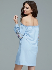 Women's Fashion Floral Prined off Shoulder Long Sleeve Mini Dress