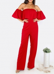 Women's Fashion Solid off Shoulder Ruffle Short Sleeve Wide Leg Jumpsuit