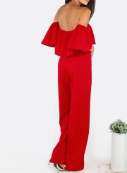 Women's Fashion Solid off Shoulder Ruffle Short Sleeve Wide Leg Jumpsuit