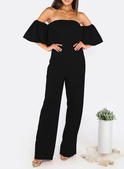 Women's Fashion Solid off Shoulder Ruffle Short Sleeve Wide Leg Jumpsuit YOYOTSHOP.com