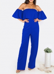 Women's Fashion Solid off Shoulder Ruffle Short Sleeve Wide Leg Jumpsuit