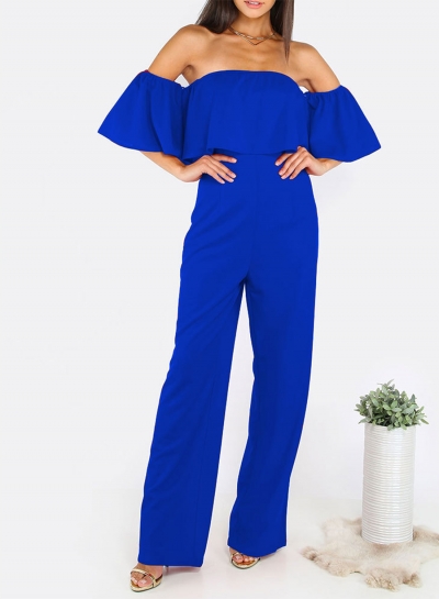 Women's Fashion Solid off Shoulder Ruffle Short Sleeve Wide Leg Jumpsuit YOYOTSHOP.com