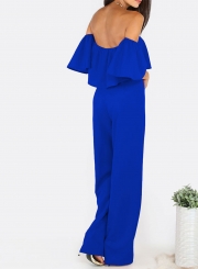 Women's Fashion Solid off Shoulder Ruffle Short Sleeve Wide Leg Jumpsuit