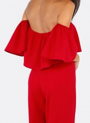 Women's Fashion Solid off Shoulder Ruffle Short Sleeve Wide Leg Jumpsuit