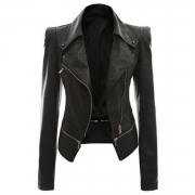 Women's Slim Fit Motorcycle Zip PU Jacket