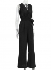 Women's Solid V Neck Sleeveless Jumpsuit with Belt