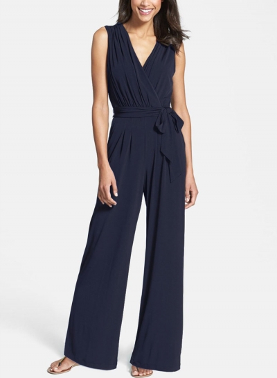 Women's Solid V Neck Sleeveless Jumpsuit with Belt YOYOTSHOP.com