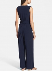 Women's Solid V Neck Sleeveless Jumpsuit with Belt