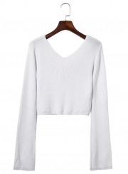 Women's Fashion V Neck Flare Sleeve Cropped Knit Sweater