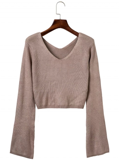 Women's Fashion V Neck Flare Sleeve Cropped Knit Sweater zecalaba.com