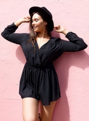 Women's Solid V Neck Long Sleeve Romper
