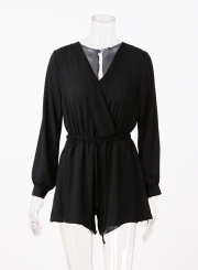 Women's Solid V Neck Long Sleeve Romper