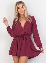 Women's Solid V Neck Long Sleeve Romper