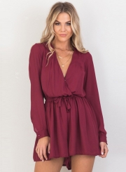 Women's Solid V Neck Long Sleeve Romper