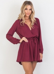 Women's Solid V Neck Long Sleeve Romper