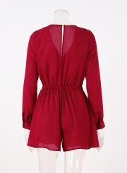 Women's Solid V Neck Long Sleeve Romper