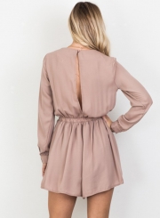 Women's Solid V Neck Long Sleeve Romper