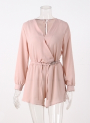 Women's Solid V Neck Long Sleeve Romper