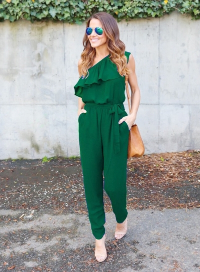 Women's One Shoulder Flounce Panel Chiffon Jumpsuit