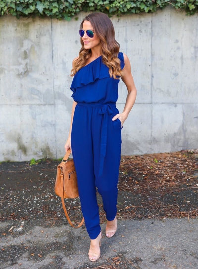 Women's One Shoulder Flounce Panel Chiffon Jumpsuit YOYOTSHOP.com