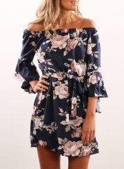 Women's Fashion off Shoulder 3/4 Sleeve Floral Print Mini Dress