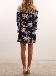 Women's Fashion off Shoulder 3/4 Sleeve Floral Print Mini Dress