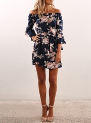 Women's Fashion off Shoulder 3/4 Sleeve Floral Print Mini Dress