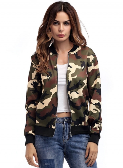 Women's Fashion Casual Long Sleeve Zip Up Camouflage Jacket zecalaba.com