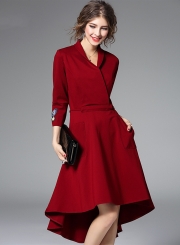 Women's Elegant V Neck 3/4 Sleeve High Low Party Dress