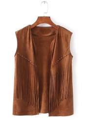 Women's Fashion Open Front Suede Sleeveless Rivets Tassels Vest