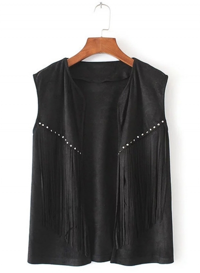 Women's Fashion Open Front Suede Sleeveless Rivets Tassels Vest lonhooker.com