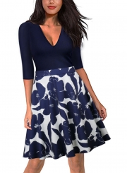 Women's V Neck Half Sleeve Print Dress