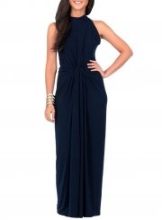 Women's Solid Halter Sleeveless Knot front Maxi Dress