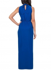 Women's Solid Halter Sleeveless Knot front Maxi Dress