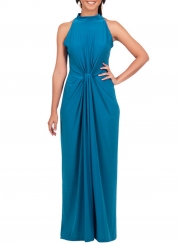 Women's Solid Halter Sleeveless Knot front Maxi Dress