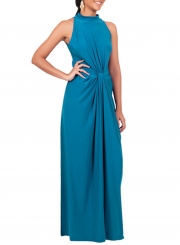 Women's Solid Halter Sleeveless Knot front Maxi Dress